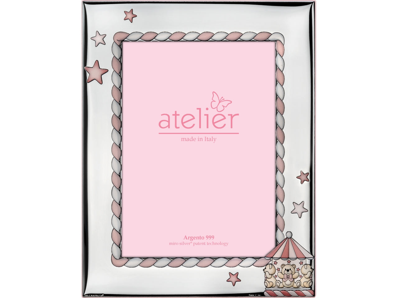 Cornice portafoto in argento bomboniera nascita bimba rosa, argento 999 con dettagli stelline e giostrina, 9x13cm, per eventi nascita e battesimo, packaging in scatola regalo - Atelier