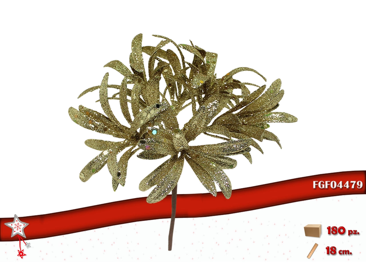 Pick 18cm con fiore glitterato oro