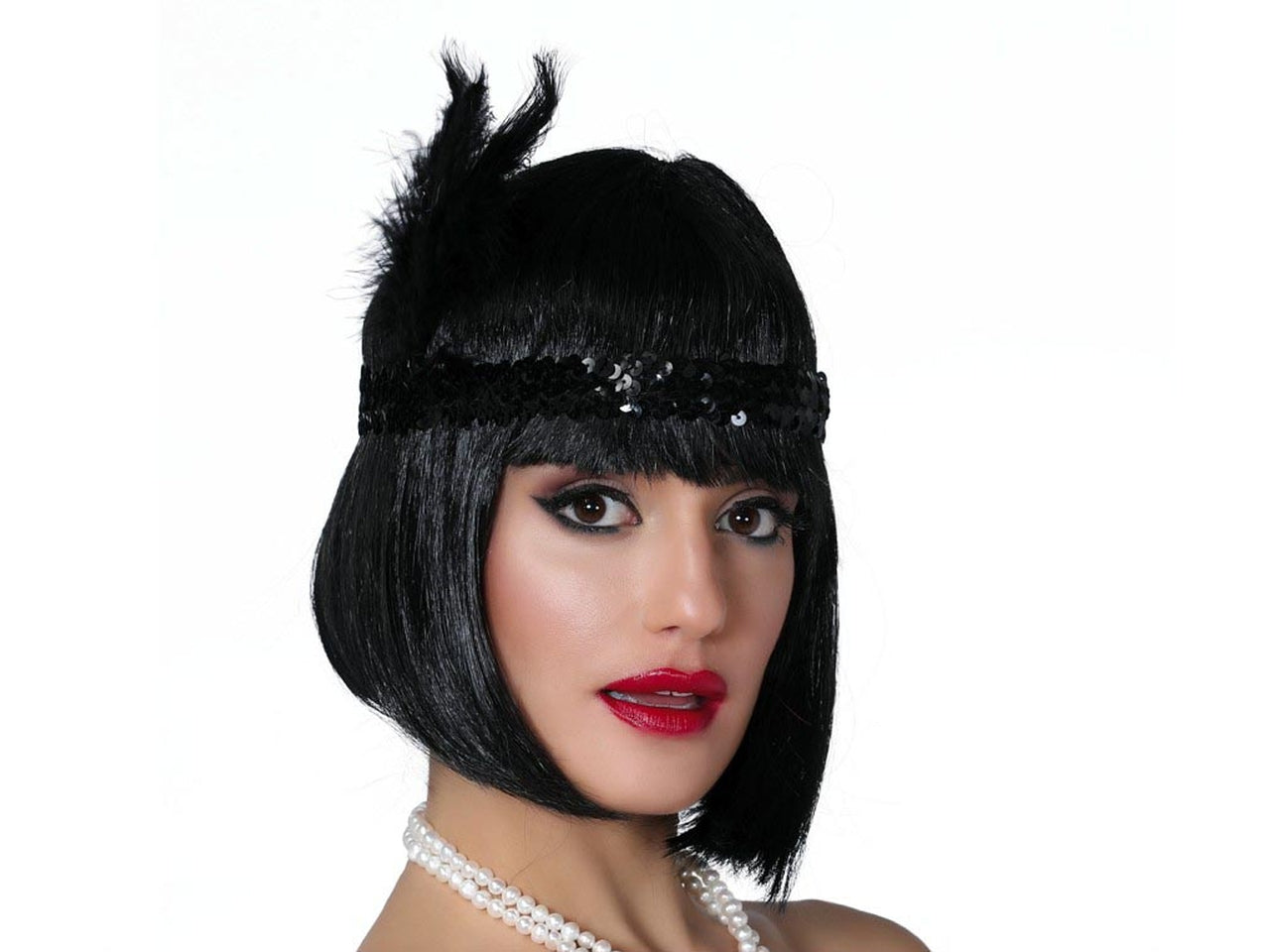 Fascia charleston paillette nero con piume