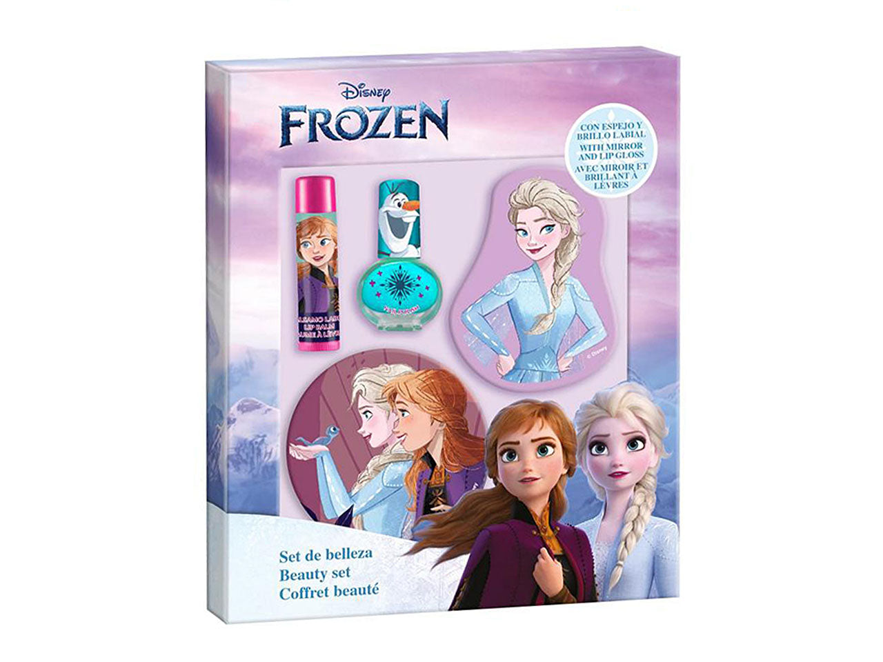Confezione regalo di frozen contenente 1 burrocacao, 1 lucidalabbra, 1 smalto e 1 specchio