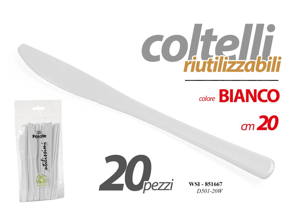 Coltelli riutilizzabili colore bianco misura 20cm - la confezione contiene 20 coltelli