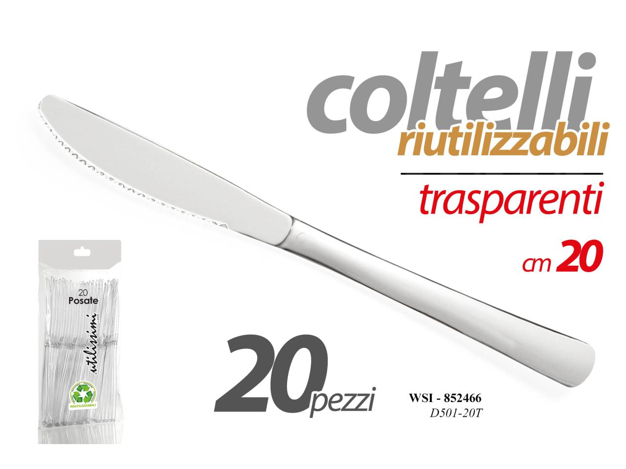 Coltelli riutilizzabili colore trasparente misura 20cm - la confezione comprende 20 coltelli