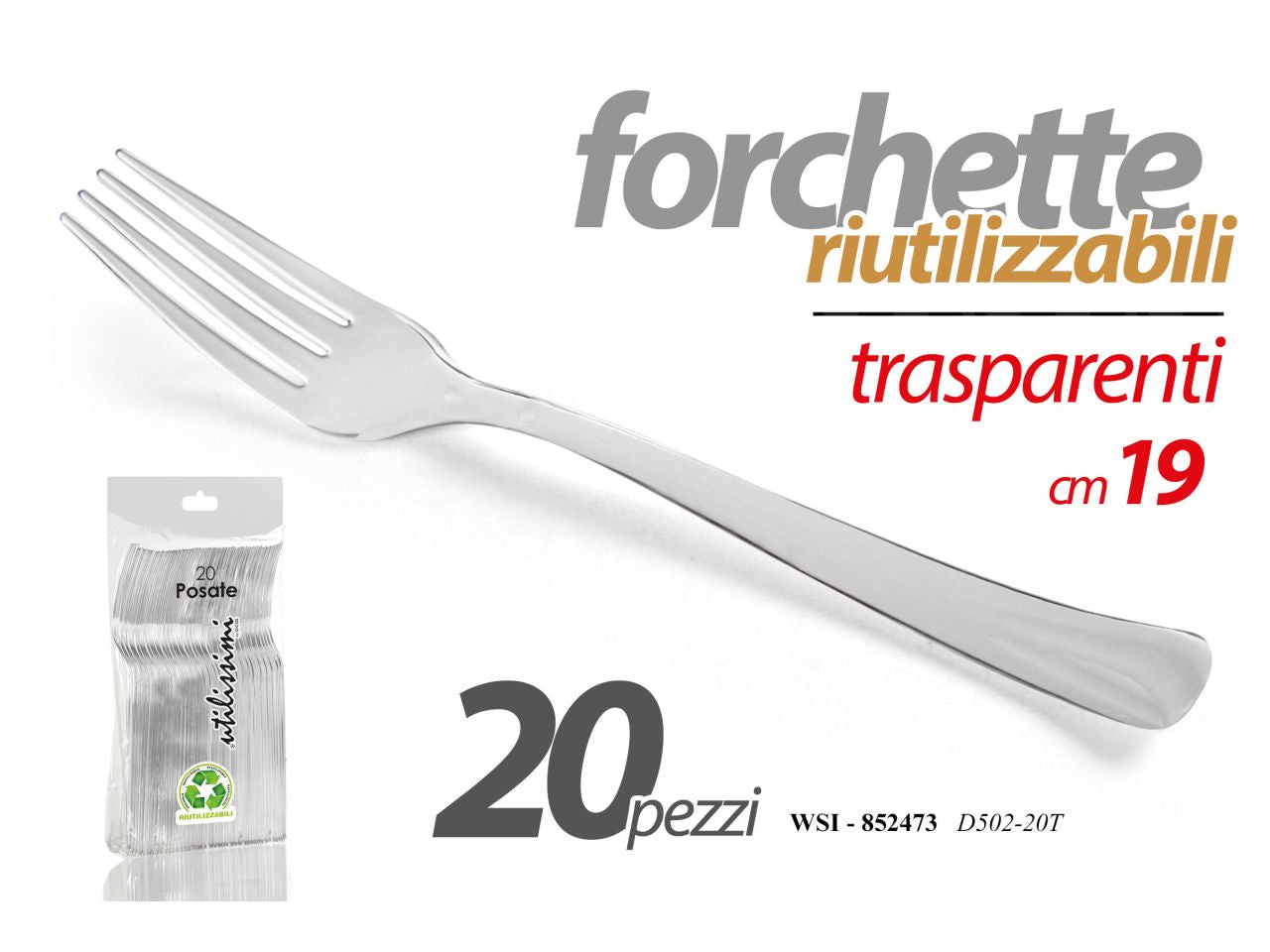 Forchette riutilizzabili colore trasparente misura 19cm - la confezione comprende 20 forchette