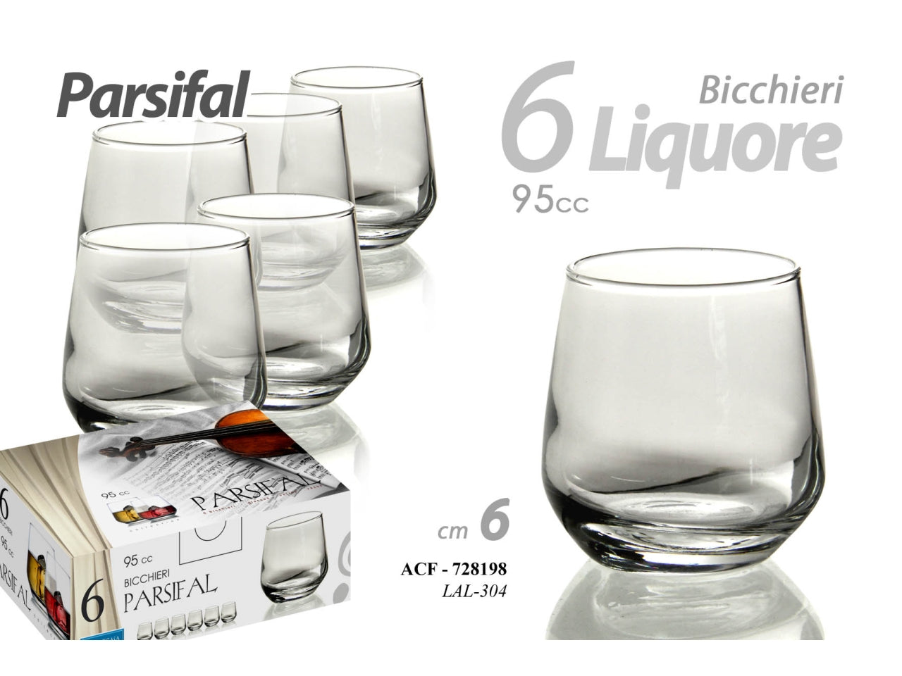 Bicchierini in vetro 95cc per liquore linea parsifal 6cm - la confezione contiene 6 bicchieri