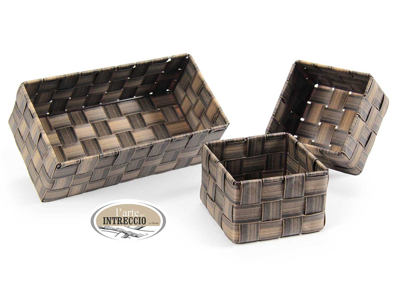 Cesti in effetto rattan marrone, stile moderno, set da 3 pezzi - Gicos