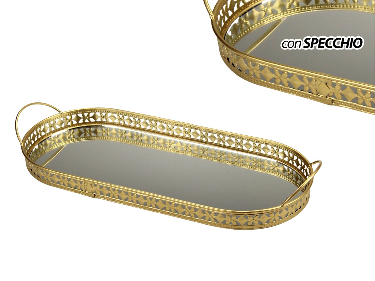 Vassoio con specchio ovale e manici in metallo classico dorato 39x17x6 cm - Gicos