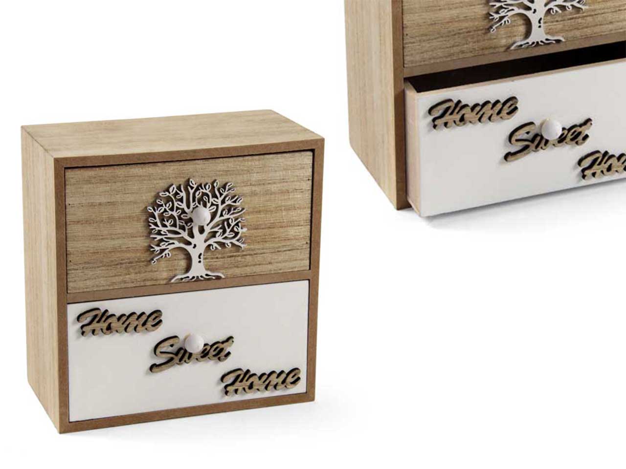 Porta oggetti legno naturale e bianco stile boho con 2 cassetti albero della vita 17x18 cm - Gicos