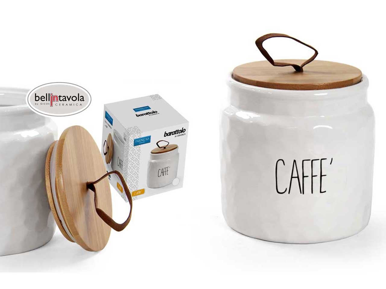 Barattolo caffÃ¨ shabby chic in ceramica e bamboo bianco e naturale 14x14 cm - Passionecasa