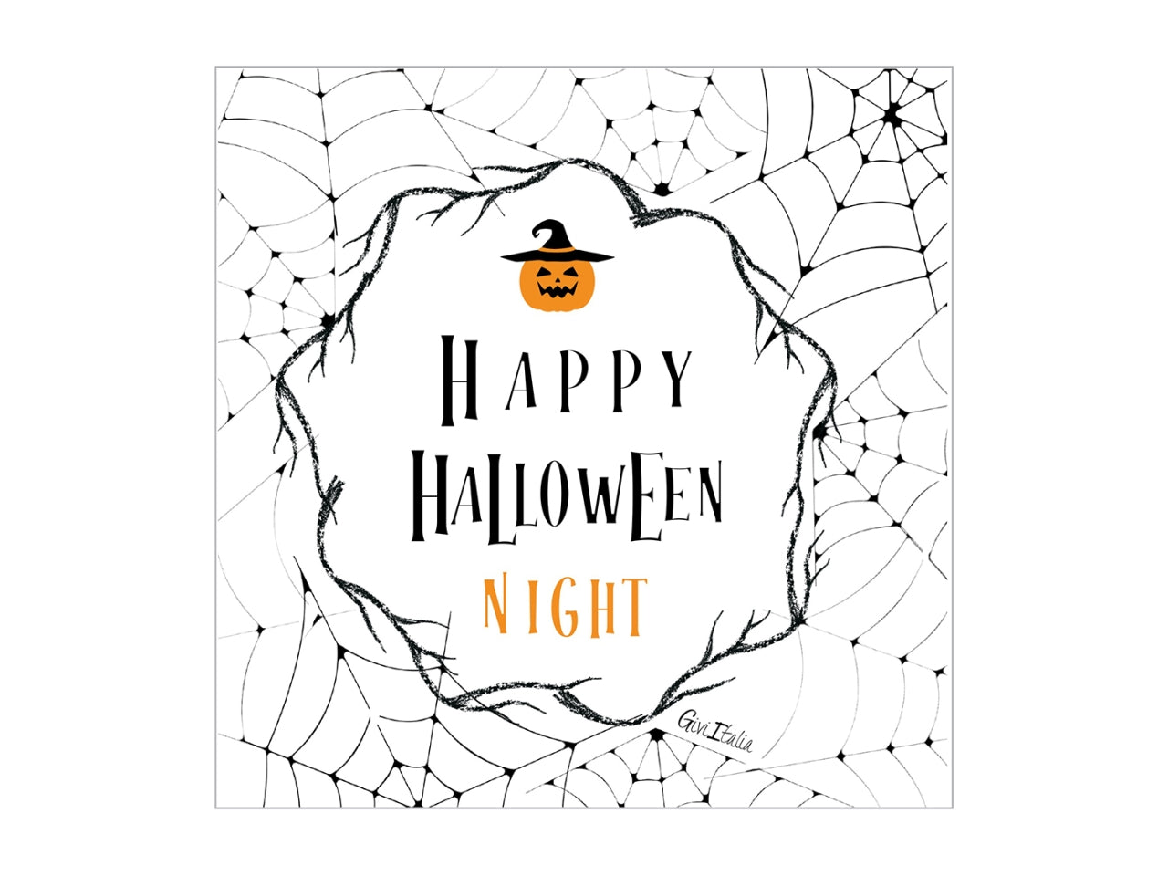 Tovaglioli di carta halloween con zucca e ragnatela bianco, nero e arancio 33x33 cm, confezione da 16 pezzi - Givi Italia