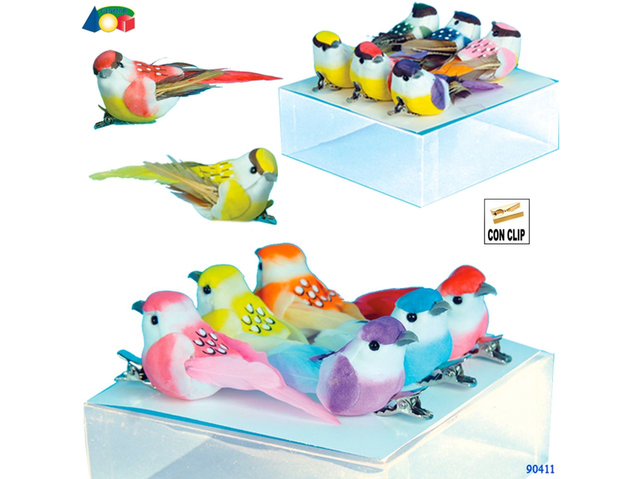 Confezione trasparente con 6 uccelli colorati con clip