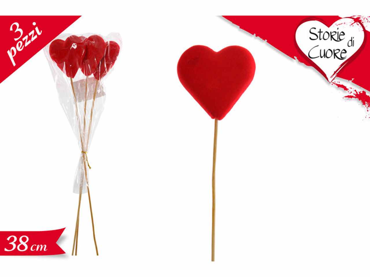 Set di 3 stecchi con cuore 38cm