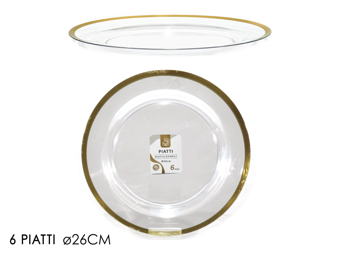 Piatti 22cm trasparente con bordo oro confezione da 6 pezzi