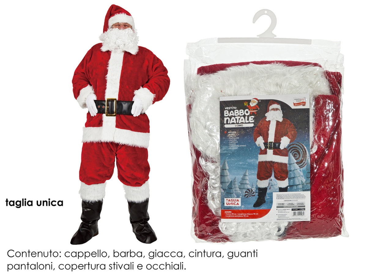 Vestito babbo natale uomo taglia unica, la confezione comprende cappello, barba, giacca, cintura, guanti, pantaloni, copertura stivali e occhiali
