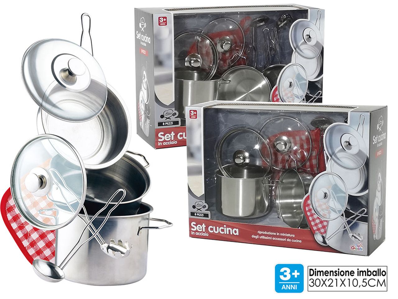 Set cucina con 8 accessori in acciaio disponibile in 2 assortimenti