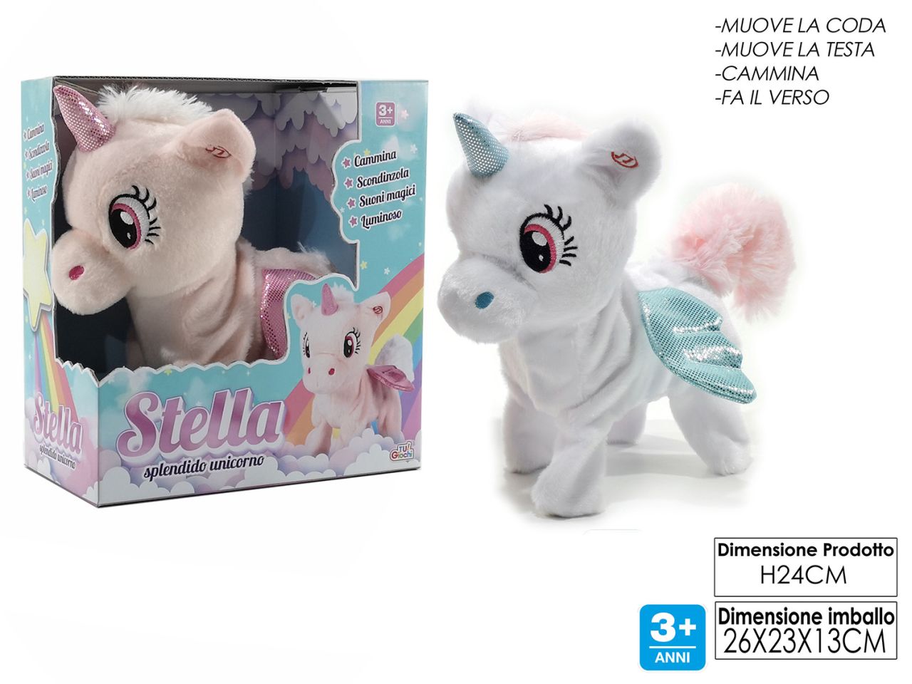 Stella splendido unicorno h.24cm a batteria con 5 funzioni disponibile in 2 colori