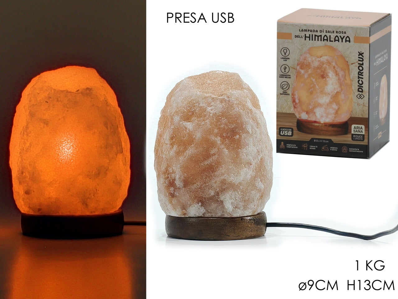 Lampada di sale 9xh.132cm dell'himalaya con presa usb