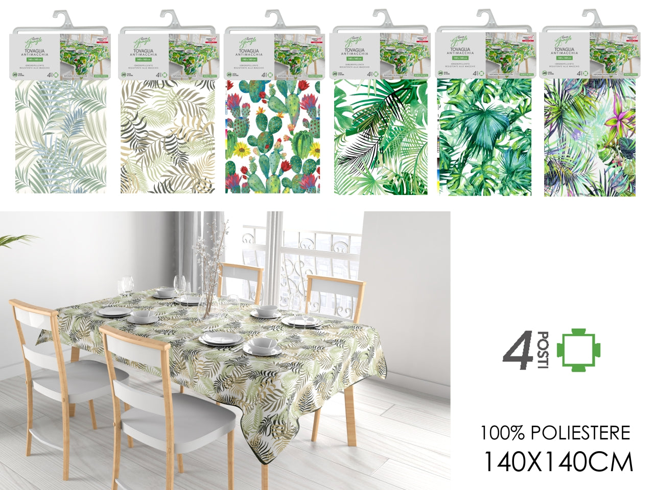 Tovaglia antimacchia decoro jungle misura 140x140cm ideale per 4 posti - disponibile in 6 decorazioni