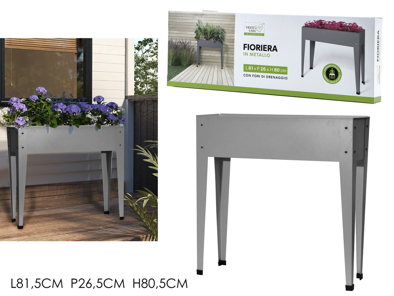 Fioriera rialzata rettangolare grigia in metallo design moderno h.80 cm- Vestiamo Casa