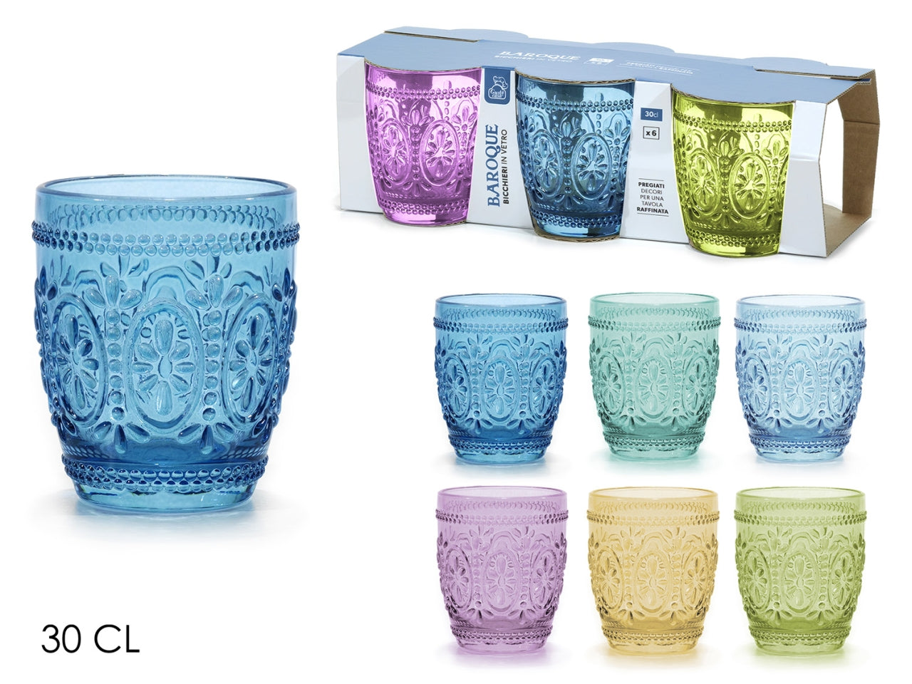 Set 6 bicchieri in vetro decorato 30cl colori assortiti stile classico con decori a rilievo, Baroque - General Trade