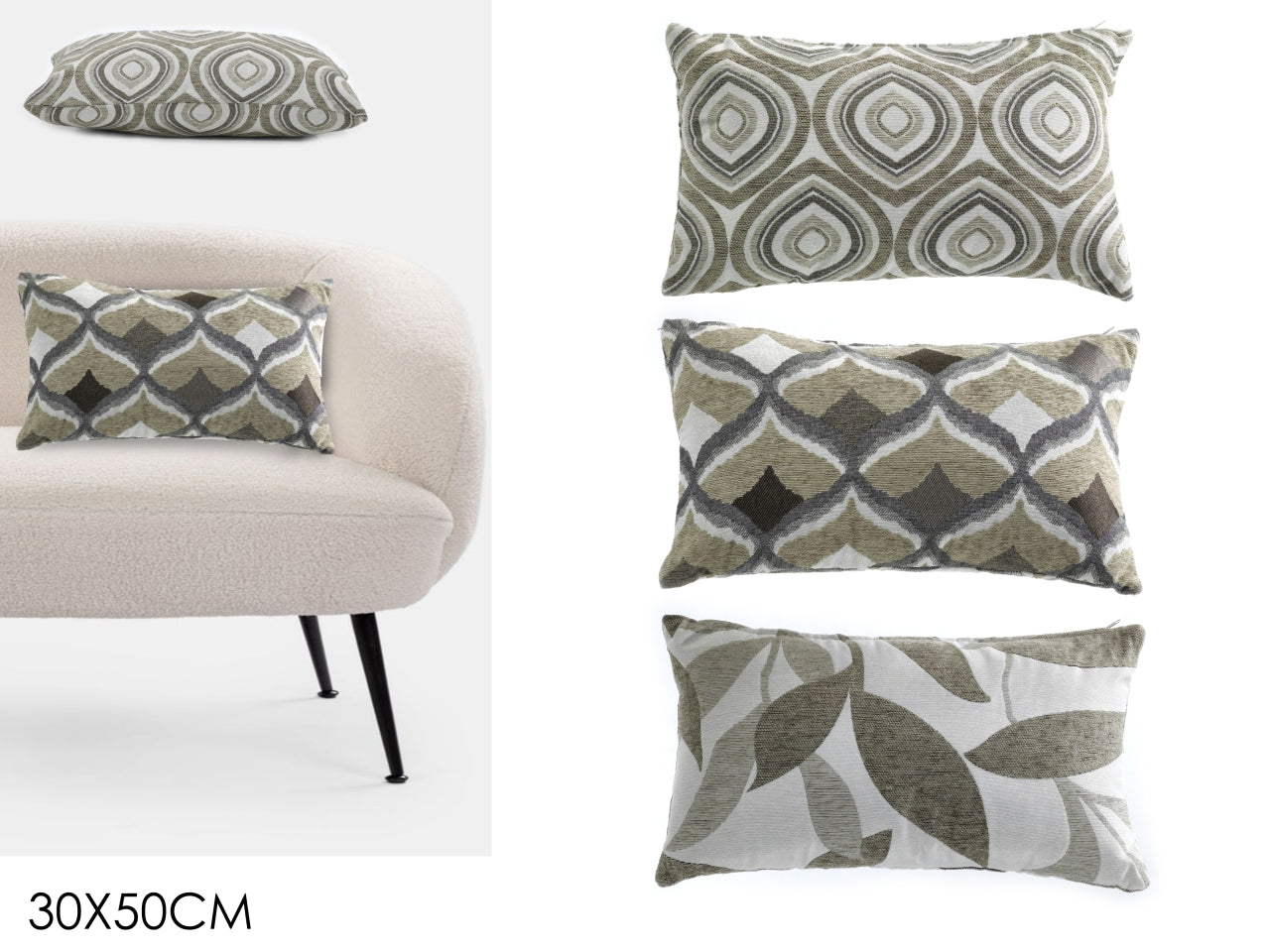 Cuscino decorativo rettangolare 3 colori assortiti floreale e geometrico contemporaneo in jacquard con zip 50x30 cm - General Trade