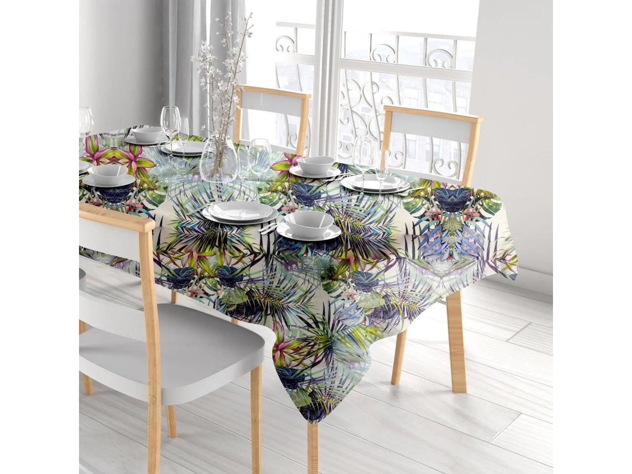 Tovaglia antimacchia floreale jungle in poliestere per 8 Posti 140x240cm - Vesti Casa, idrorepellente, senza Stiro