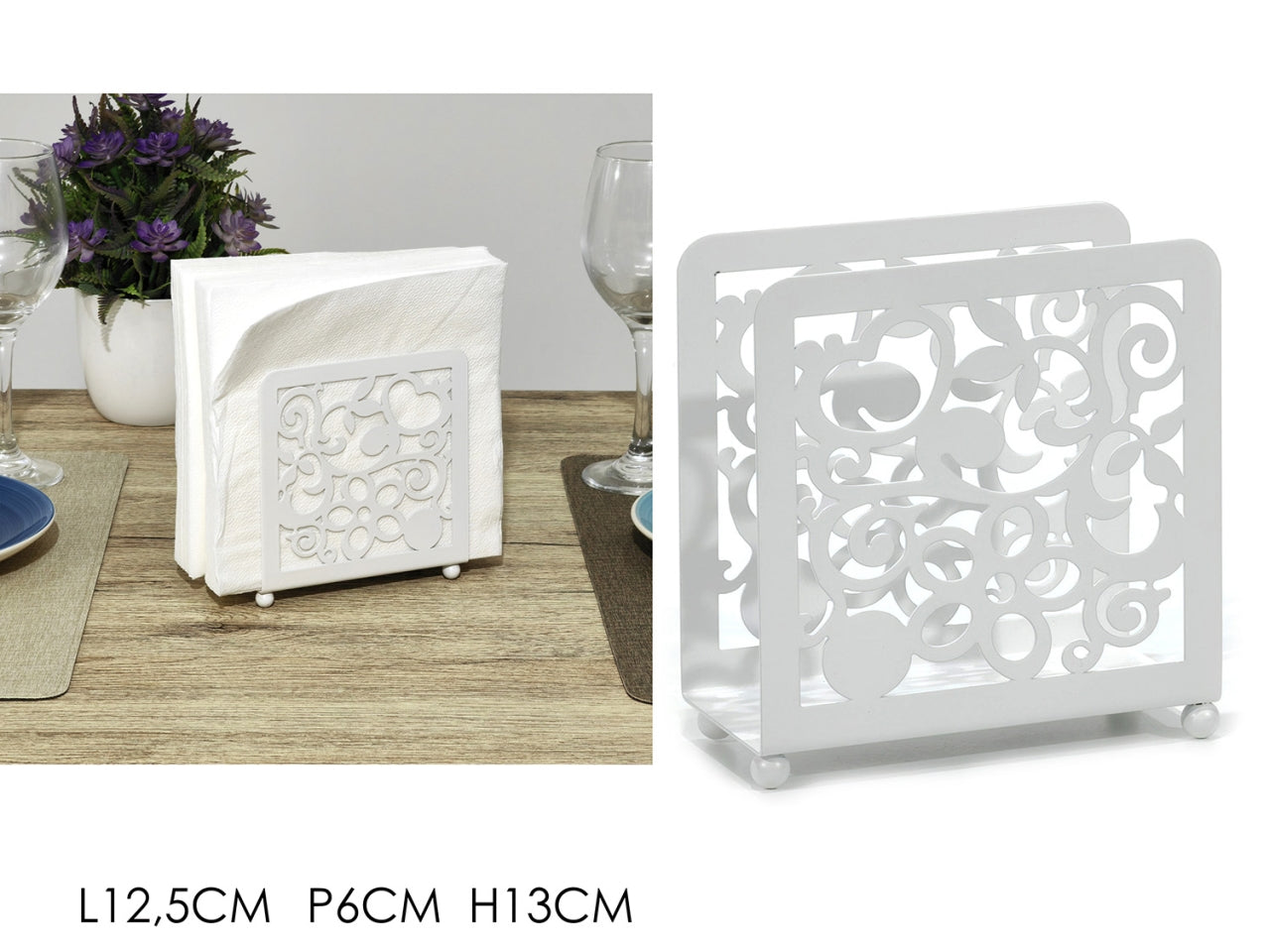 Portatovaglioli shabby chic in metallo bianco con cuori e rose stilizzate 12,5x5,5x13 cm - Gusto Casa