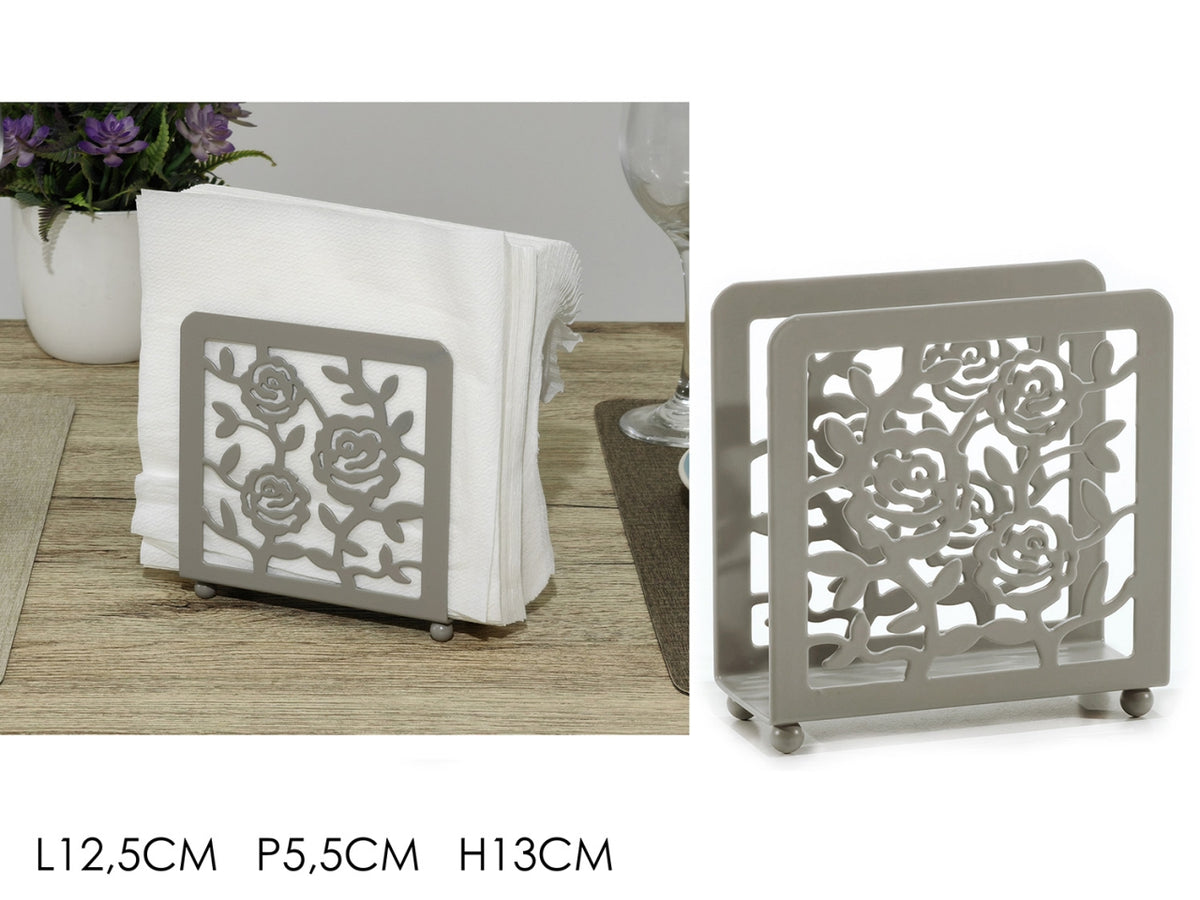 Portatovaglioli moderno in metallo tortora con rose stilizzate 12,5x5,5x13 cm - gusto Casa