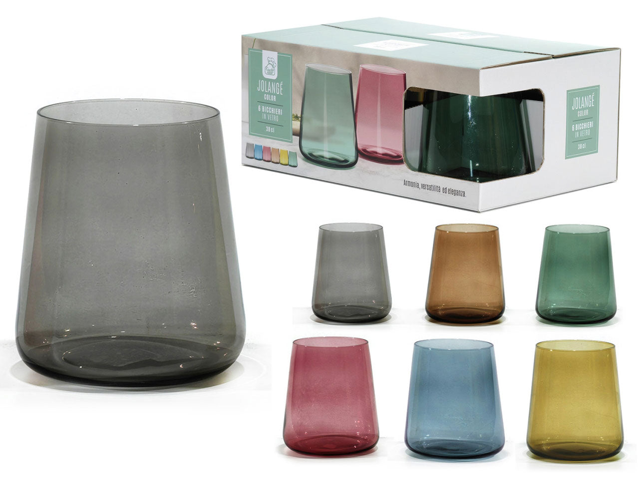 Set da 6 bicchieri acqua moderni in vetro, colorati, 38cl, stile contemporaneo, lavabili in lavastoviglie - Gusto Casa