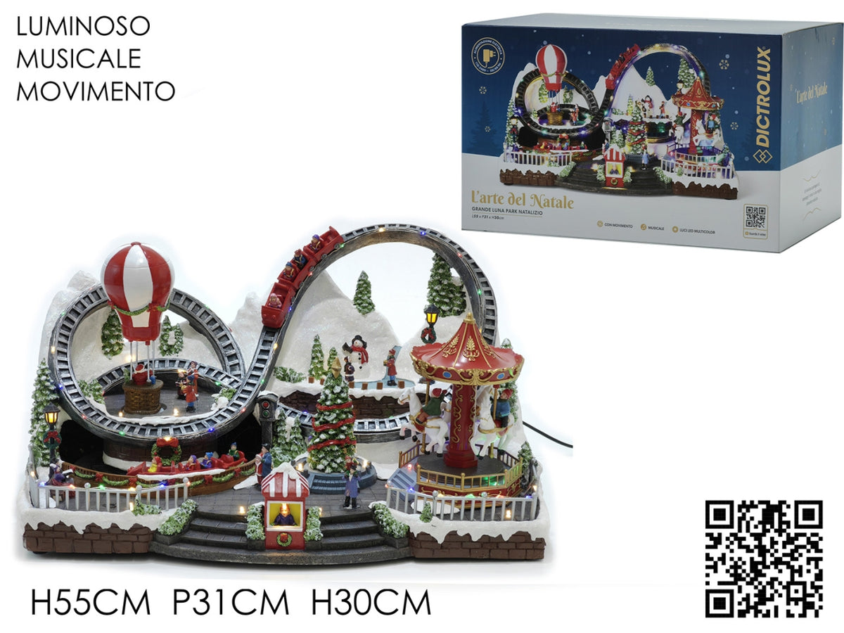 Scenario lunapark natalizio multicolor 55x31x30 cm in poliresina con luci, suoni e movimento
