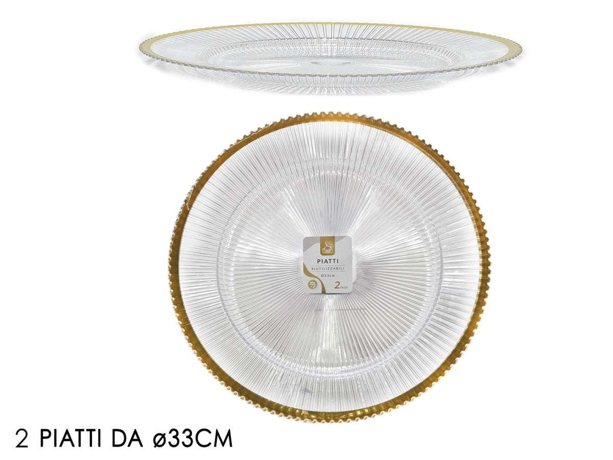 Piatti 33cm in plastica trasparente con bordo oro, confezione da 2 piatti