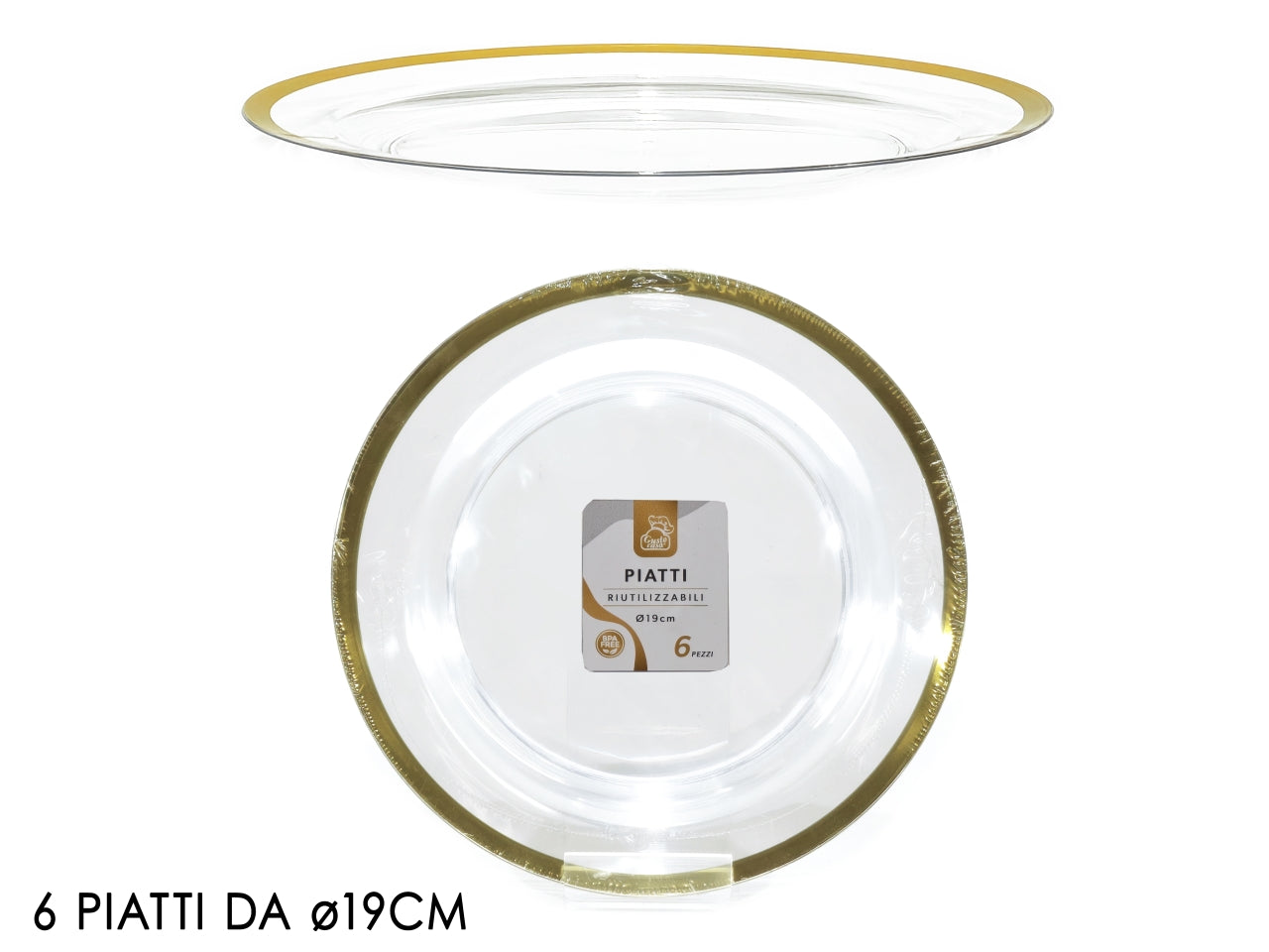 Piatti 19cm trasparene con bordo oro confezione da 6 pezzi