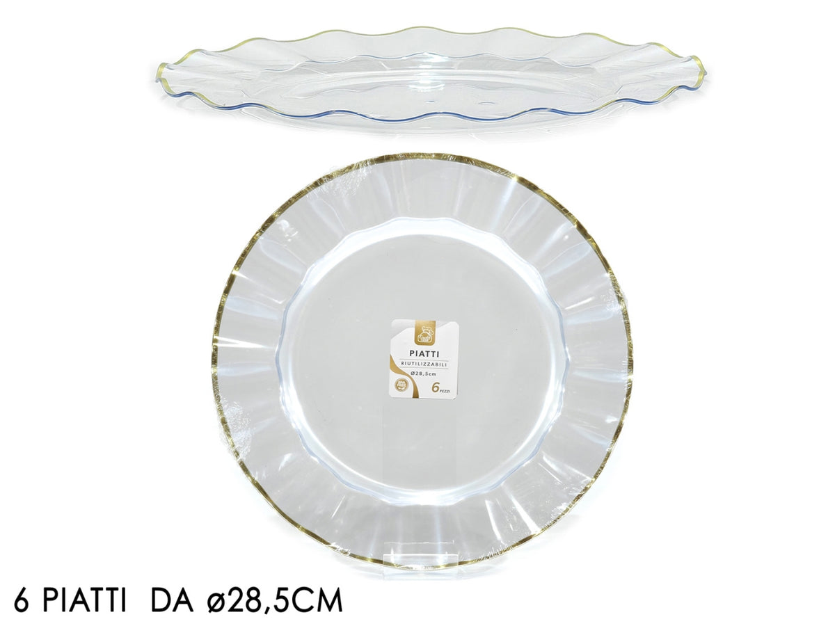 Piatti 28,5cm in plastica trasparente con bordo oro, confezione da 6 piatti