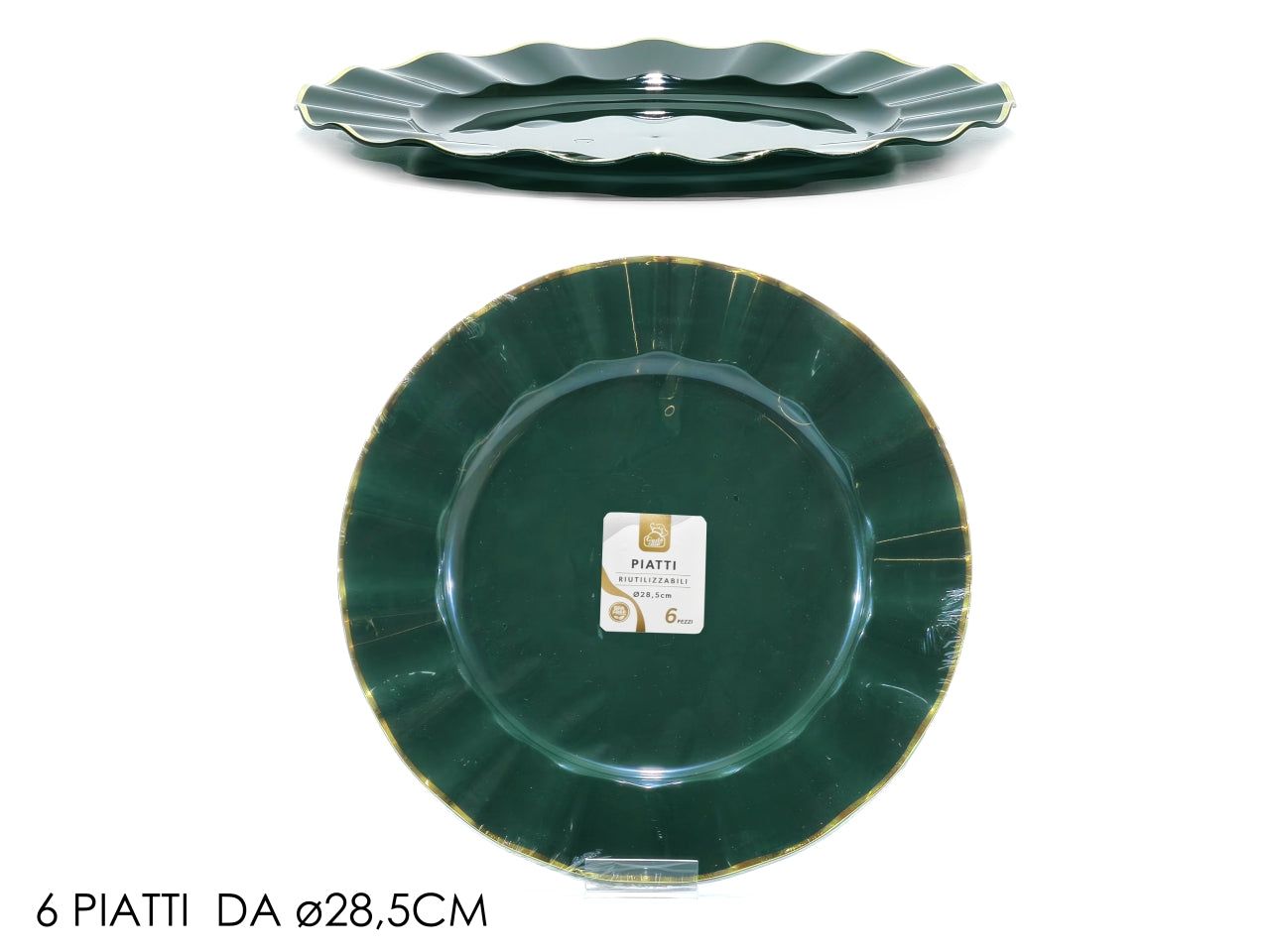 Piatti 28,5cm verde con bordo oro in confezione da 6 pezzi