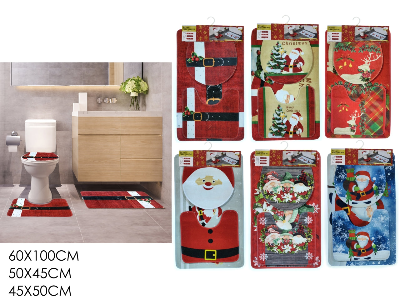 set 3 pezzi tappeti bagno natalizio in fantasie assortite