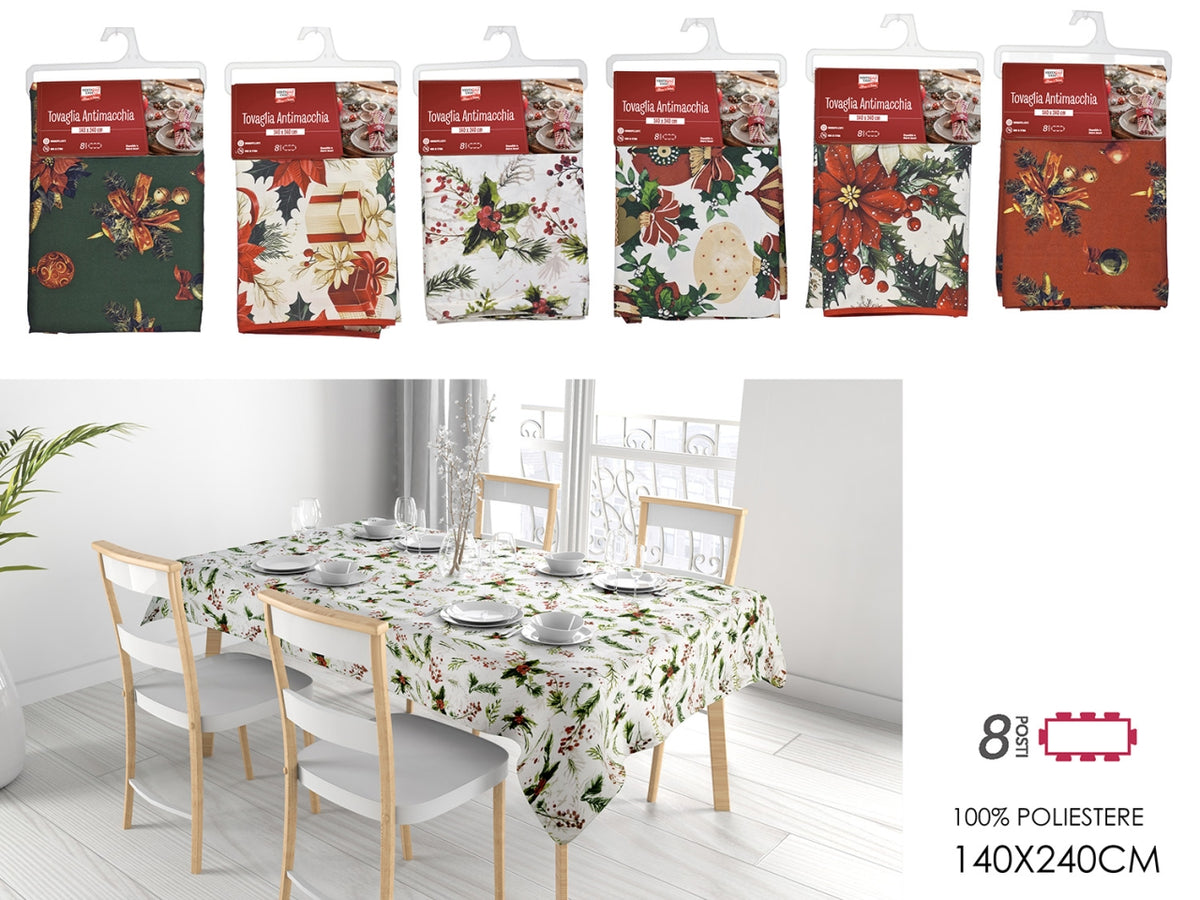 Tovaglia natalizia in tessuto poliestere antimacchia 140x240cm, 6 fantasie assortite