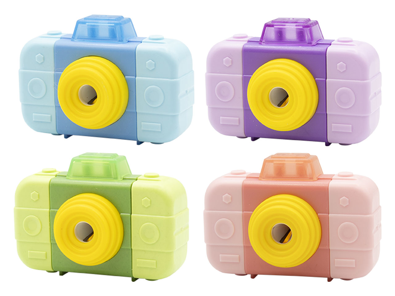 Temperamatite con gomma  a forma di macchina fotografica 2 in 1