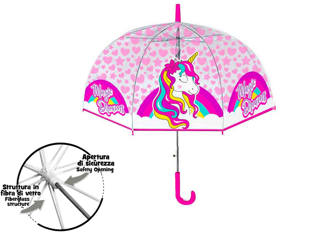 Ombrello da bambina Unicorno in plastica semitrasparente con 8 bacchette da 42 cm - Coriex