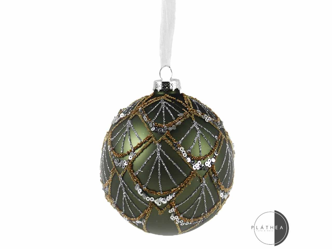 Sfera in vetro verde con decorazioni oro d.10cm vetro