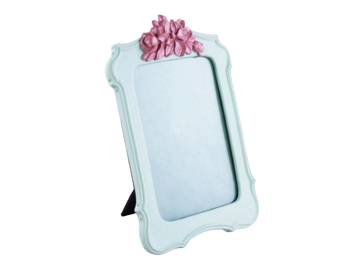 Cornice portafoto verde con decoro fiori 10x13cm in resina