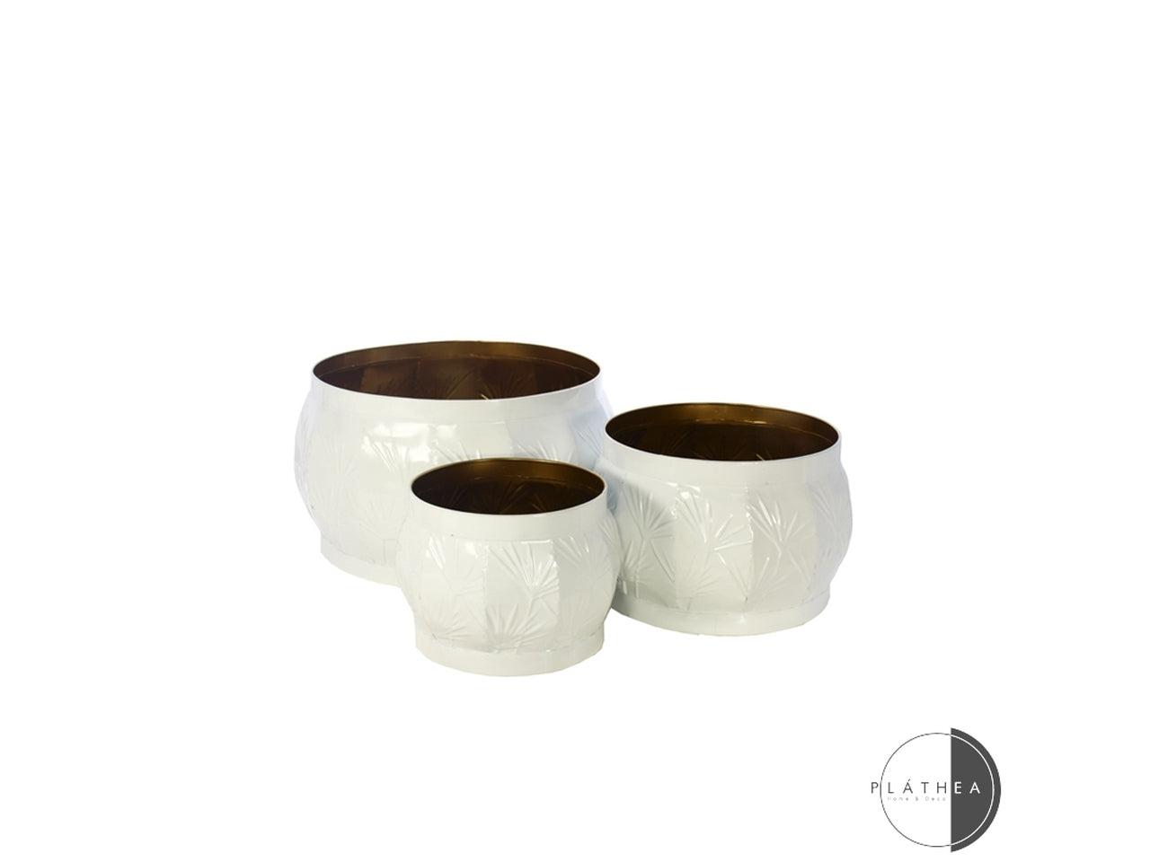 Set da 3 - Cachepot vaso porta piante vintage, in metallo bianco con fantasia fiori stilizzati - altezze 22,5/17,5/15,5cm - PlÃ thea