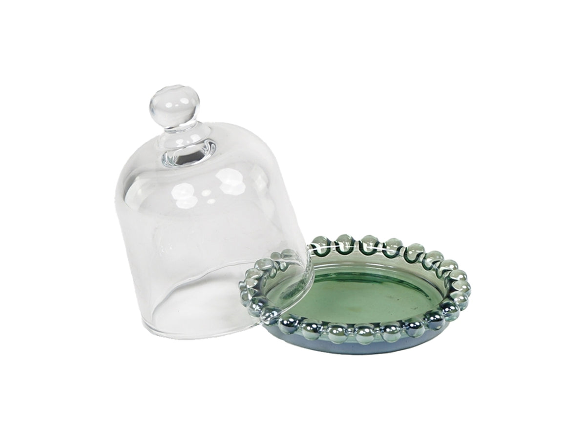 Vassoio tondo verde in vetro con cupola, per bomboniera, moderno - 10x9 cm - PlÃ thea