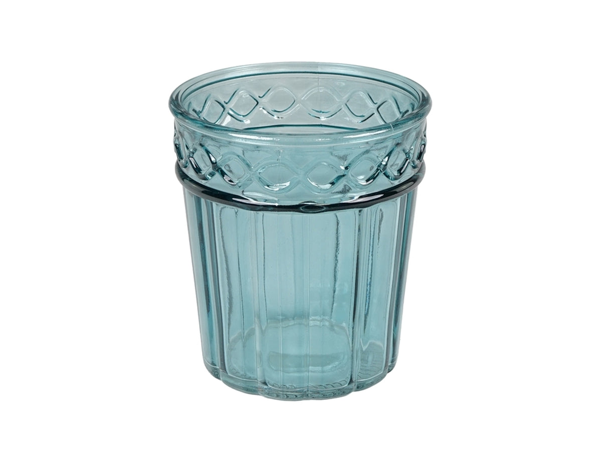 Vaso cachepot moderno in vetro blu traslucido cilindrico con decorazione a rilievo - 13x15 cm - PlÃ thea