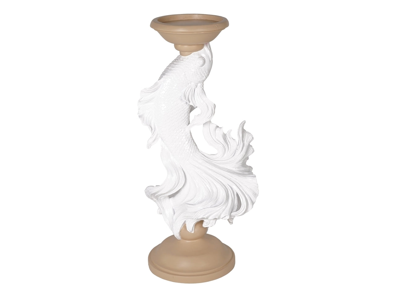 Porta candele orientale in resina color crema e bianco con fusto a forma di carpa - altezza 44 cm, diametro 12 cm - PlÃ thea