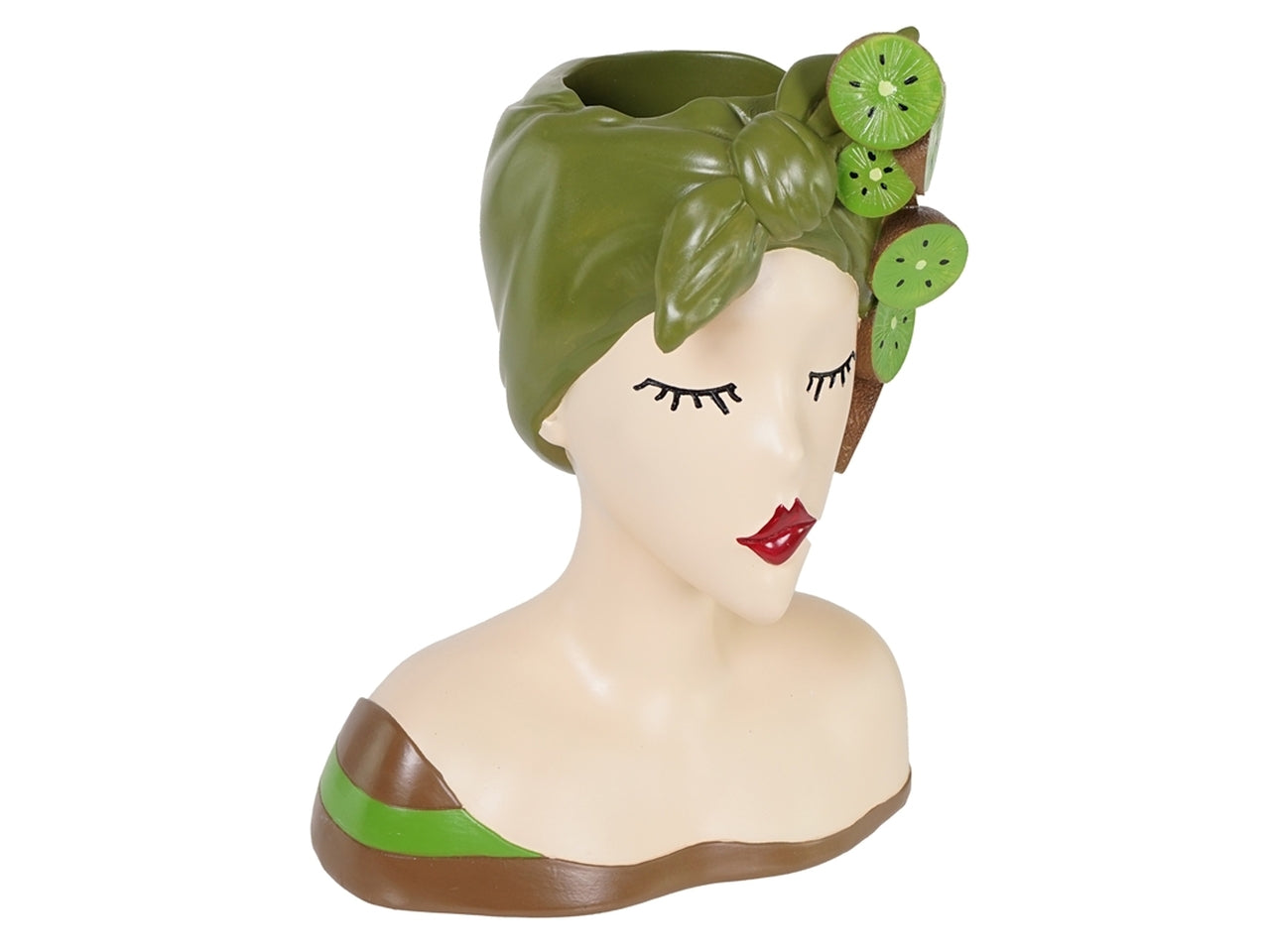 Vaso decorativo donna a mezzo busto stile moderno in resina multicolor con decori kiwi a rilievo, ideale per interno e esterno - 36x25x18 cm- PlÃ thea
