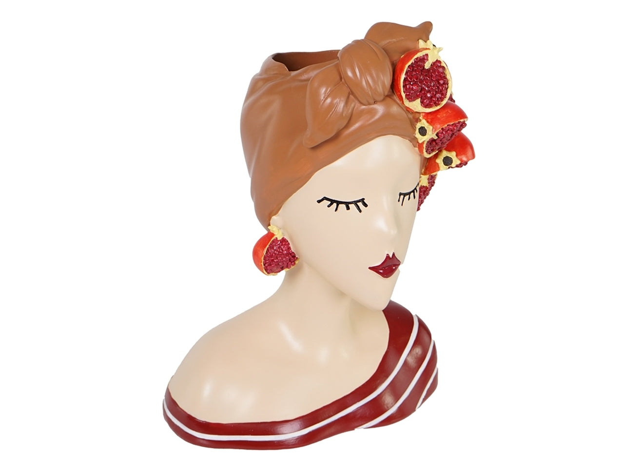 Vaso decorativo donna a mezzo busto stile moderno in resina multicolor con decori melograno a rilievo, ideale per interno e esterno - 36x25x18 cm- PlÃ thea
