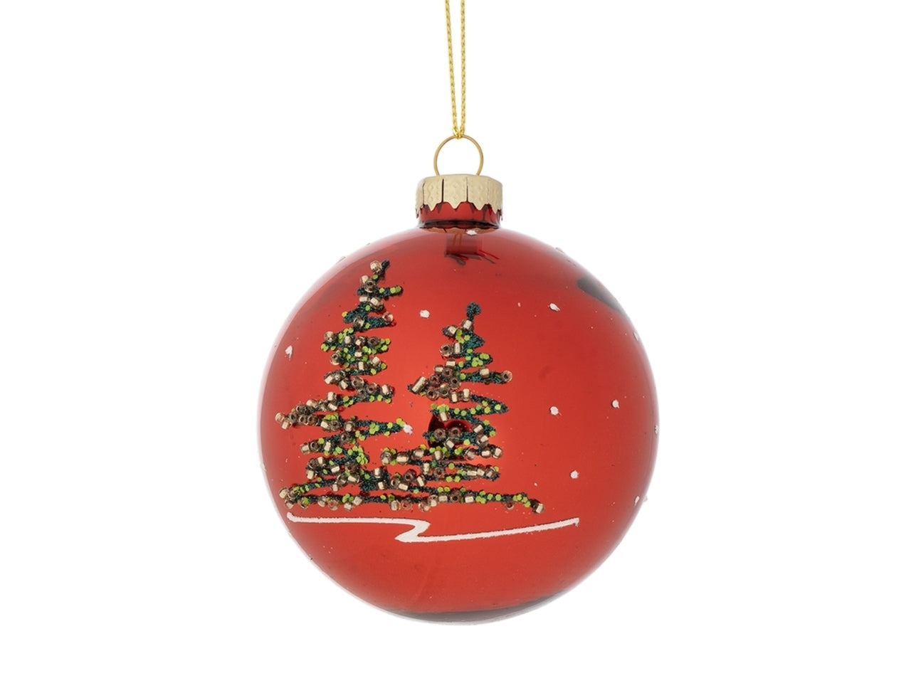 Palla in vetro d.10cm rossa con decorazione albero natalizio