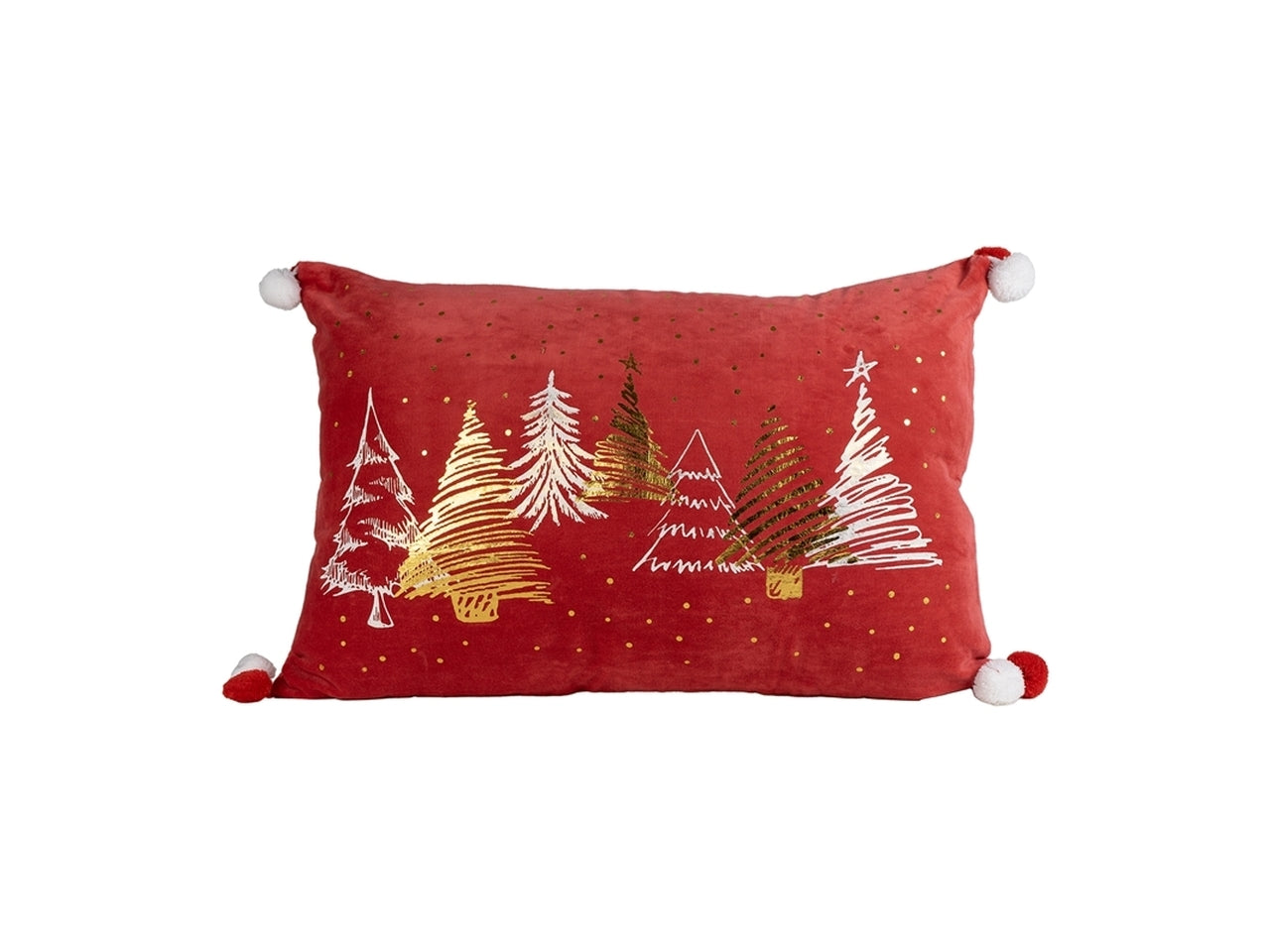 Cuscino natalizio 40x60cm in velluto rosso con pom-pom e decorazione alberi