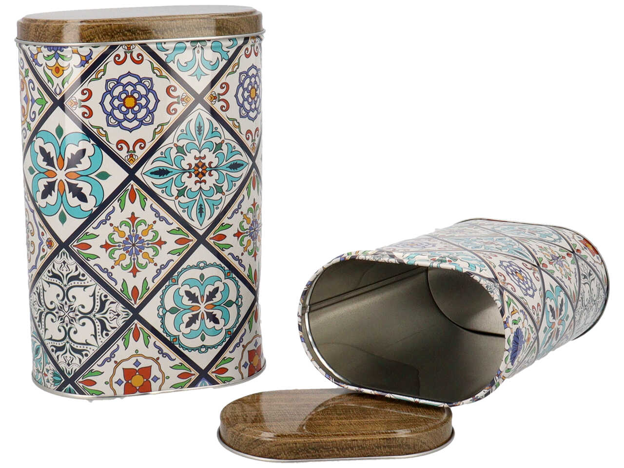 Barattoli in latta ovali h.20x14,5x8,5cm + h.19x11x7cm 2 assortimenti set da 2 pezzi