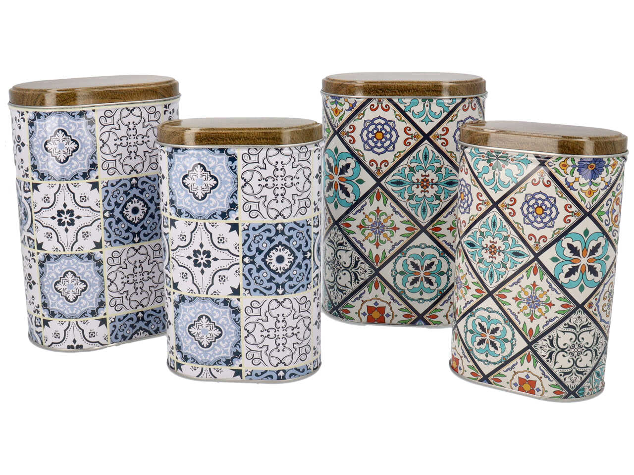Barattoli in latta ovali h.20x14,5x8,5cm + h.19x11x7cm 2 assortimenti set da 2 pezzi