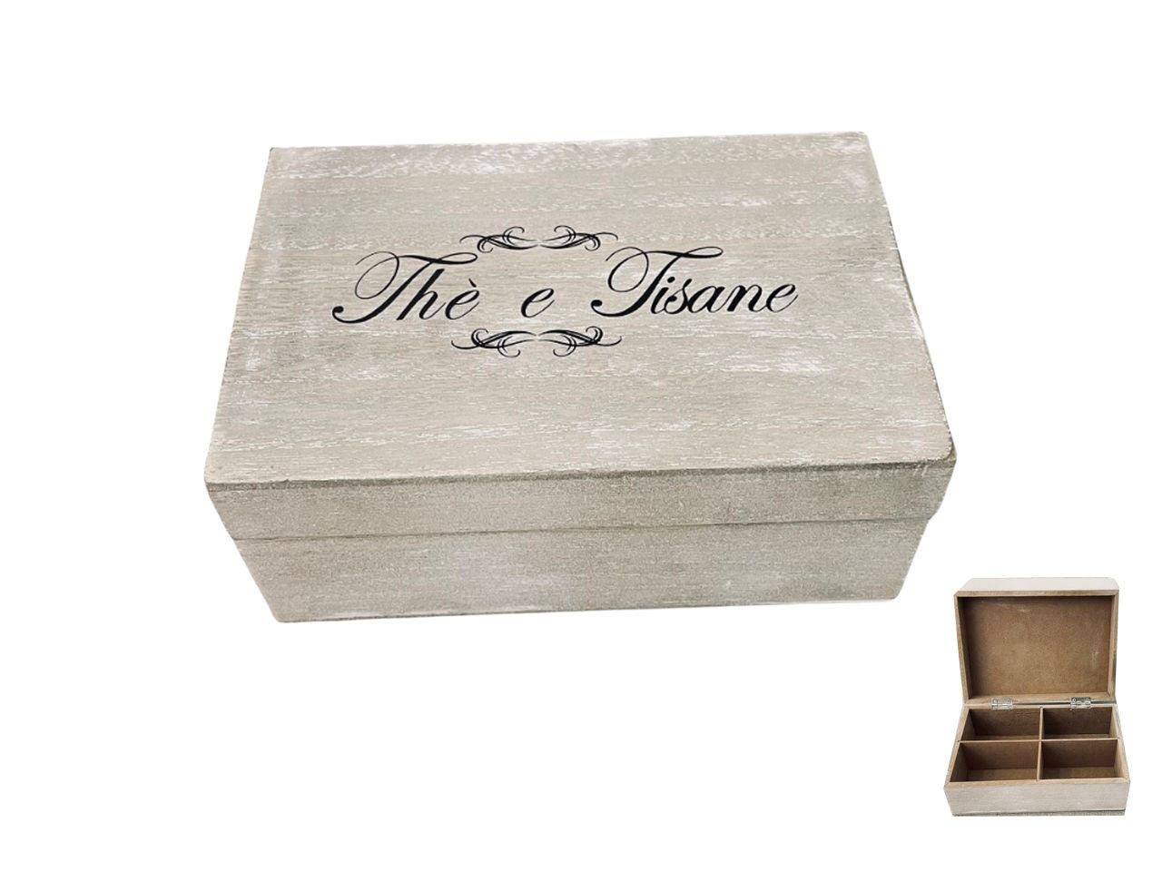 Scatola in legno sbiancato porta the e tisane h7x18x12cm
